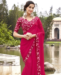 Deep Pink Faux Georgette Beautiful Printed Art-Silk Border Sarees