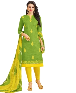 Green Cotton Chiffli Embroidery Work Chudidhar Suits