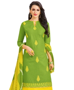 Green Cotton Chiffli Embroidery Work Chudidhar Suits