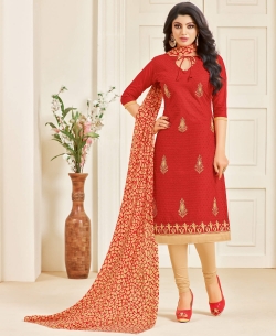 Red Cotton Chiffli Embroidery Work Chudidhar Suits