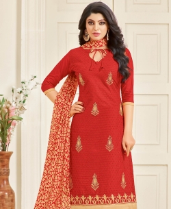 Red Cotton Chiffli Embroidery Work Chudidhar Suits