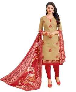 Beige Cotton Chiffli Embroidery Work Chudidhar Suits