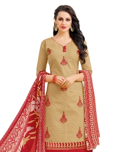 Beige Cotton Chiffli Embroidery Work Chudidhar Suits