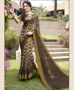 Brown Silk Khadi Art Silk Solver Printed Regular Sarees