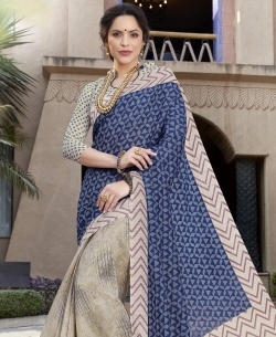 Blue Silk Khadi Art Silk Solver Printed Half And Half Sarees