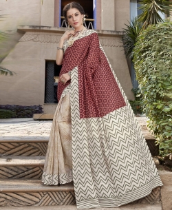 Brown Silk Khadi Art Silk Solver Printed Half And Half Sarees