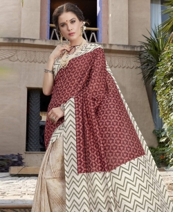 Brown Silk Khadi Art Silk Solver Printed Half And Half Sarees