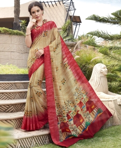 Sandal With Red Silk Khadi Art Silk Solver Printed Regular Sarees