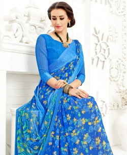 Blue Faux Georgette Printed Regular Sarees