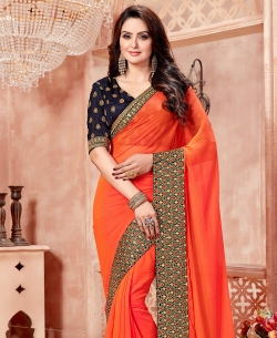 Orange Crepe Chiffon Embroidery Floral With Velvet Border Border Sarees