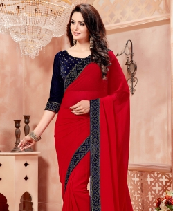 Red Crepe Chiffon Embroidery Floral With Velvet Border Border Sarees