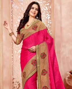 Pink Art Silk Stone With Embroidery Floral Border Border Sarees