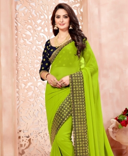 Green Crepe Chiffon Embroidery Floral With Velvet Border Border Sarees