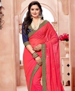 Pink Crepe Chiffon Stone With Embroidery Floral Border Border Sarees