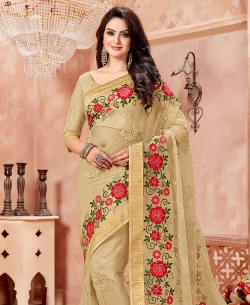 Beige Net Embroidery Floral With Velvet Border Border Sarees