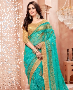 Blue Net Embroidery Floral Border Border Sarees