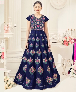 Royal Blue Slub Silk Thread & Zari Embroidery With Floral Work With Additional Touch Anarkali Suits