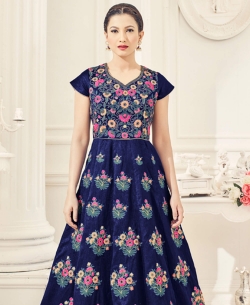 Royal Blue Slub Silk Thread & Zari Embroidery With Floral Work With Additional Touch Anarkali Suits