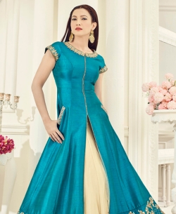 Turquoise Two Tone Silk Thread & Zari Embroidery With Floral Work With Additional Touch Anarkali Suits