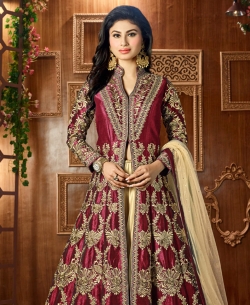 Dark Maroon Taffeta Silk Zari Embroidery And Moti Work Anarkali Suits