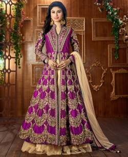 Violet Taffeta Silk Zari Embroidery And Moti Work Anarkali Suits