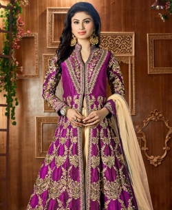 Violet Taffeta Silk Zari Embroidery And Moti Work Anarkali Suits