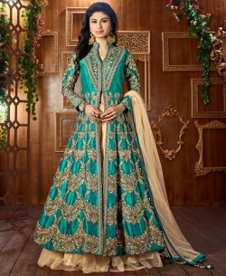 Turquoise Taffeta Silk Zari Embroidery And Moti Work Anarkali Suits