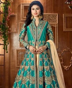 Turquoise Taffeta Silk Zari Embroidery And Moti Work Anarkali Suits