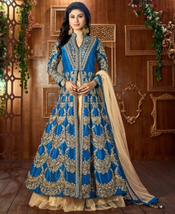 Royal Blue Taffeta Silk Zari Embroidery And Moti Work Anarkali Suits