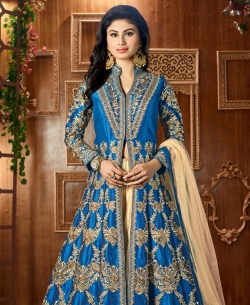 Royal Blue Taffeta Silk Zari Embroidery And Moti Work Anarkali Suits