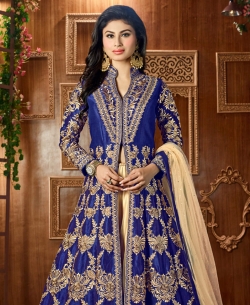 Blue Taffeta Silk Zari Embroidery And Moti Work Anarkali Suits