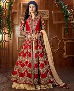 Red Taffeta Silk Zari Embroidery And Moti Work Anarkali Suits