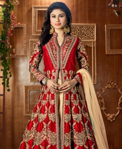 Red Taffeta Silk Zari Embroidery And Moti Work Anarkali Suits