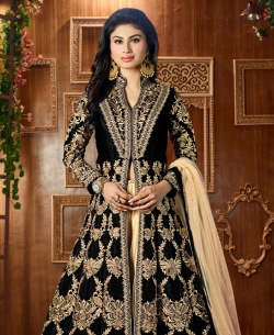 Black Taffeta Silk Zari Embroidery And Moti Work Anarkali Suits