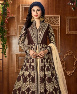 Coffee Brown Taffeta Silk Zari Embroidery And Moti Work Anarkali Suits