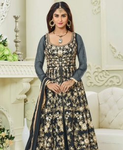 Dark Grey Mulburry Silk With Mono Net Zari Embroidery And Moti Work Anarkali Suits