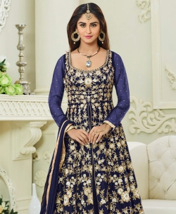 Royal Blue Mulburry Silk With Mono Net Zari Embroidery And Moti Work Anarkali Suits