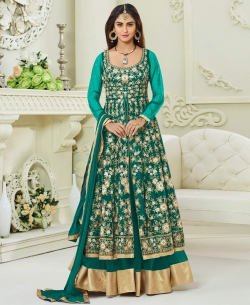 Teal Green Mulburry Silk With Mono Net Zari Embroidery And Moti Work Anarkali Suits