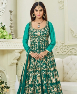 Teal Green Mulburry Silk With Mono Net Zari Embroidery And Moti Work Anarkali Suits