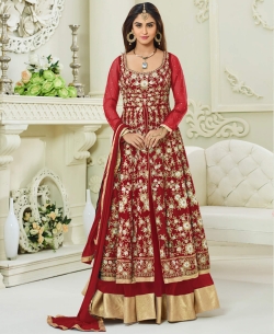 Cherry Red Mulburry Silk With Mono Net Zari Embroidery And Moti Work Anarkali Suits