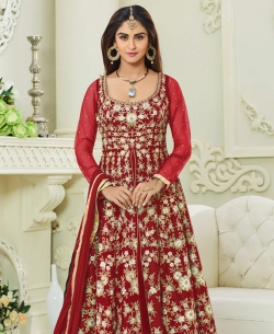 Cherry Red Mulburry Silk With Mono Net Zari Embroidery And Moti Work Anarkali Suits