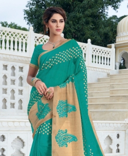 Green Chiffon Printed, Stone Work, Lace Border Border Sarees