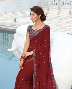 Maroon Chiffon Printed, Fabric Border Border Sarees