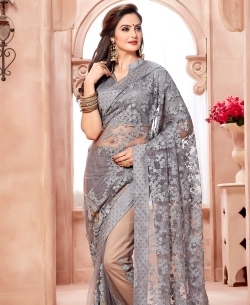 Grey Net Floral Embroidery With Lace Border Border Sarees