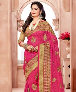 Pink Net Embroidery Floral Border Border Sarees
