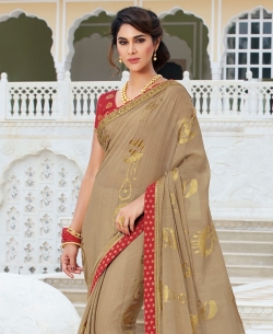 Beige Chiffon Printed, Lace Border Border Sarees