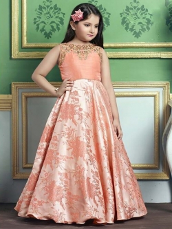 Peach Orange Jacquard  Zardoshi With Paral With  Emblellishment Work Girls Gown