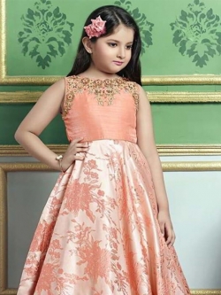 Peach Orange Jacquard  Zardoshi With Paral With  Emblellishment Work Girls Gown