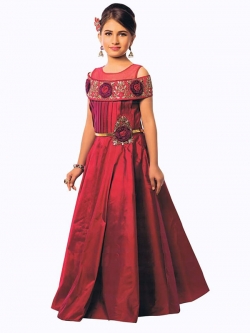 Maroon Canton Silk Zardoshi With Paral With  Emblellishment Work Girls Gown