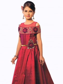 Maroon Canton Silk Zardoshi With Paral With  Emblellishment Work Girls Gown